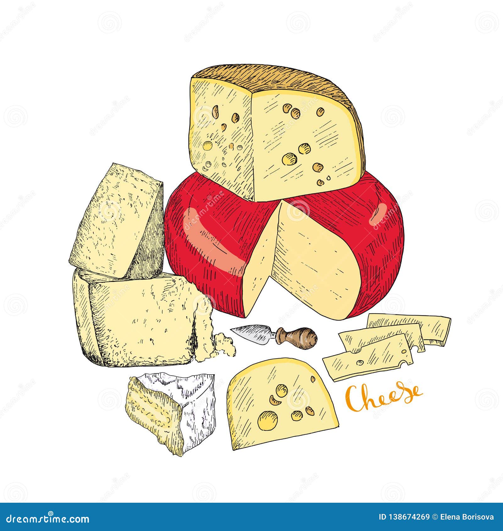 Several Types of Cheese Together. Vector Sketches Hand Drawn Stock