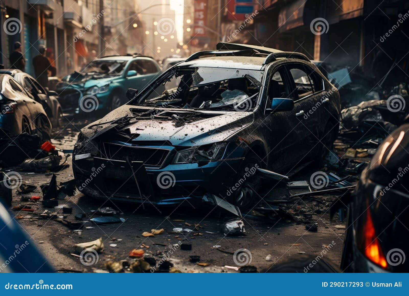 Severe and Devastating Car Crash Amidst a Busy Urban Area. AI Stock