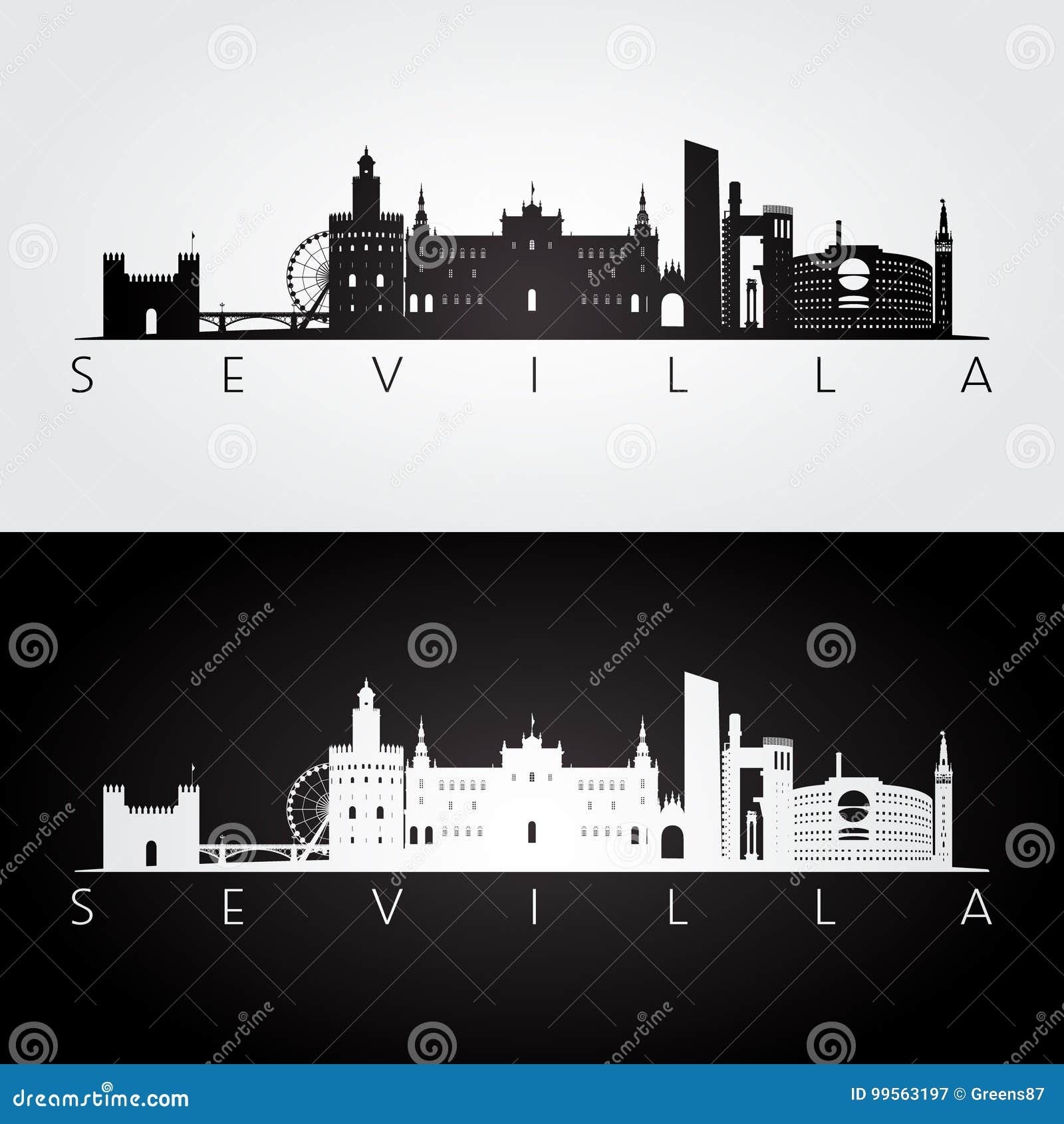 sevilla skyline and landmarks silhouette