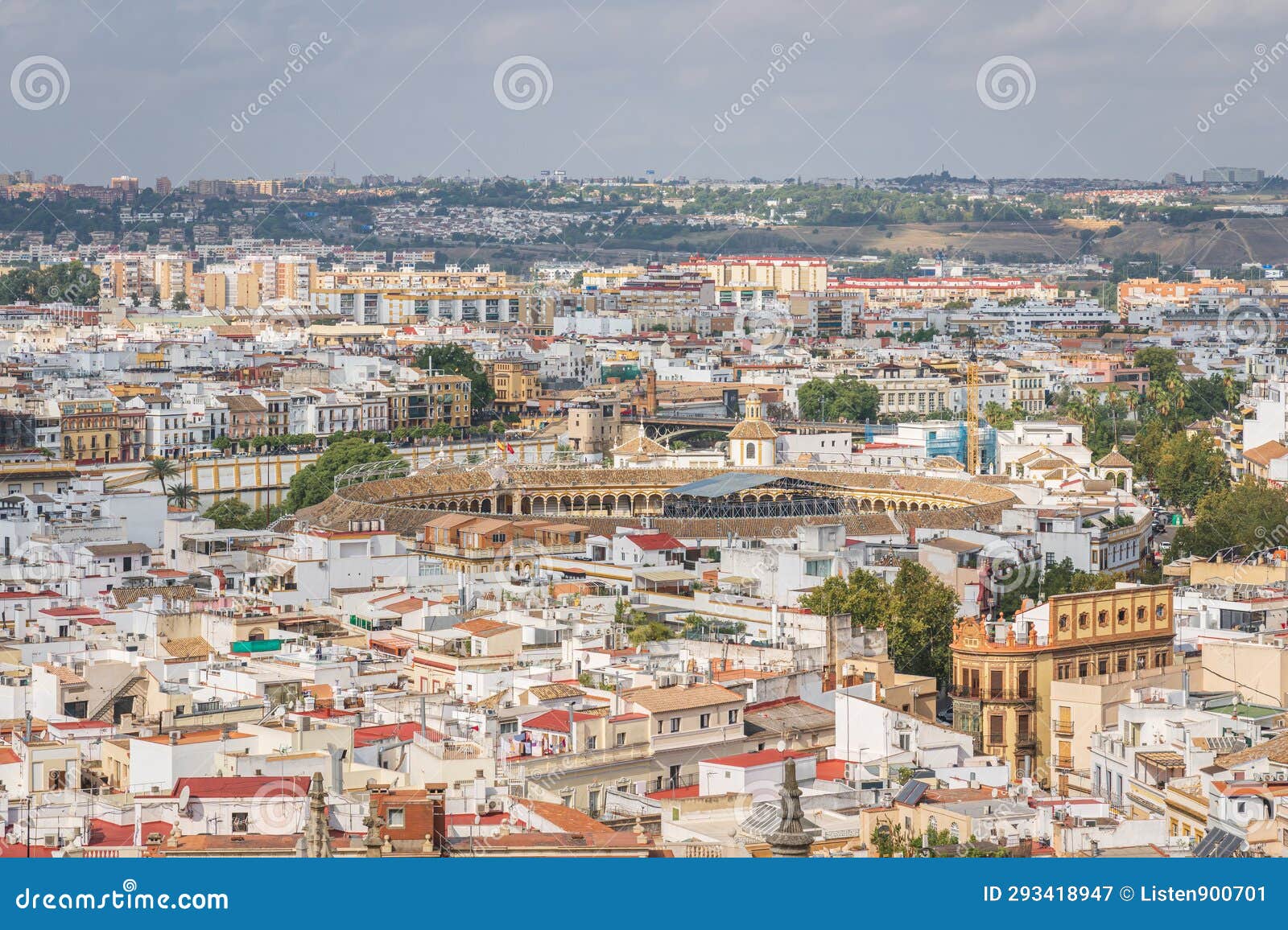seville city skyline and the plaza de toros de la real maestranza de caballeria de sevilla