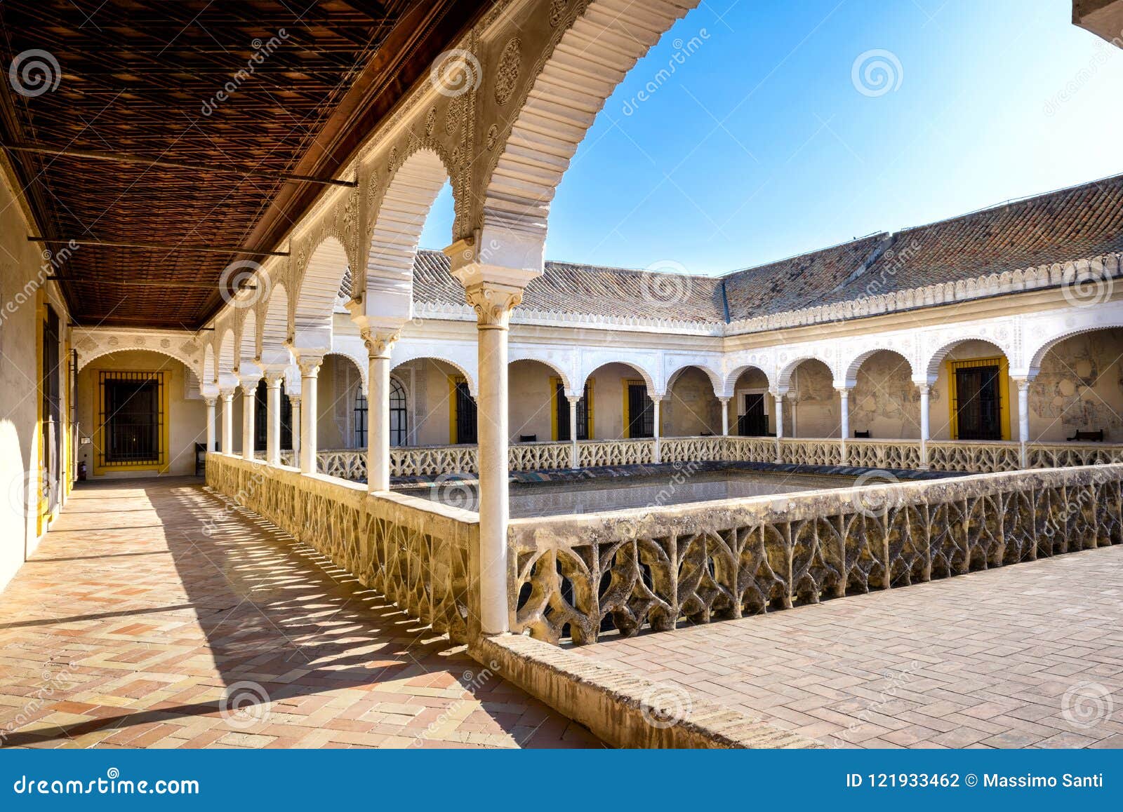 seville, patio principal of la casa de pilatos. the building is a precious palace in mudejar spanish style. spain