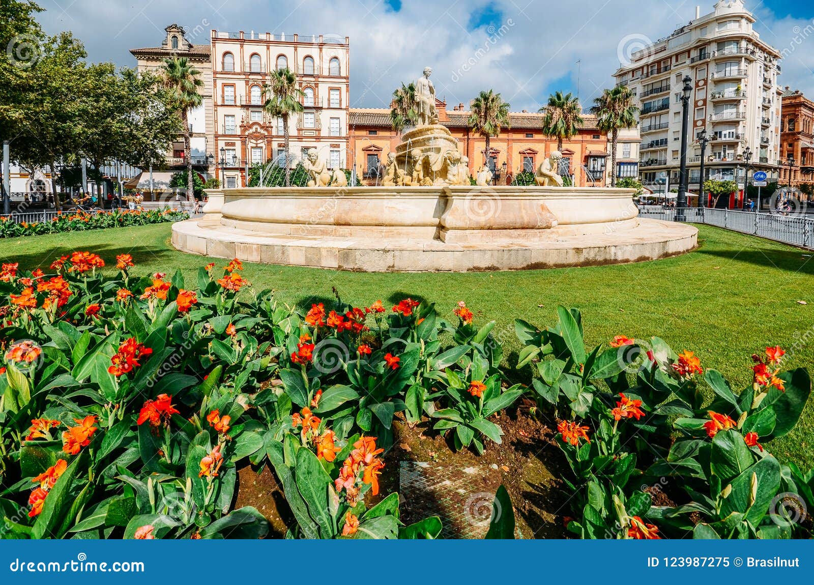 fountain of hispalis with nereid sea nymphs, fuente hispalis, in puerta de jerez