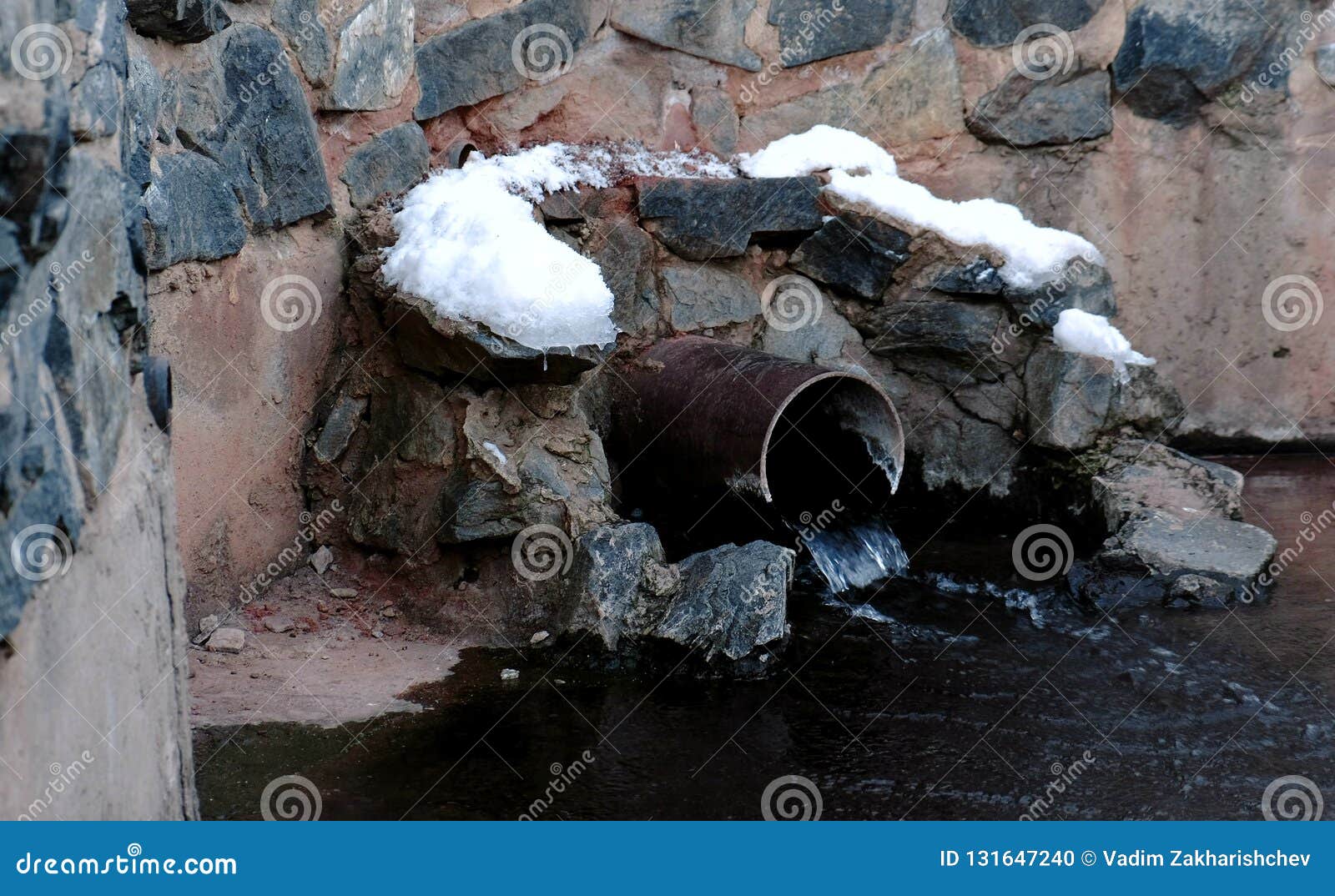 Sewer Drain from Pipes during the Winter. Stock Photo Image of dump