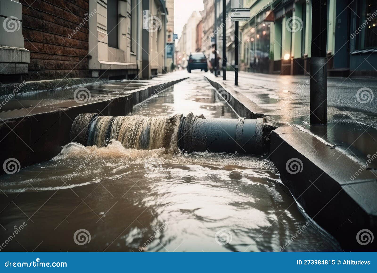 Sewer Gushing from Broken Pipe, Flooding the Street Stock Image Image