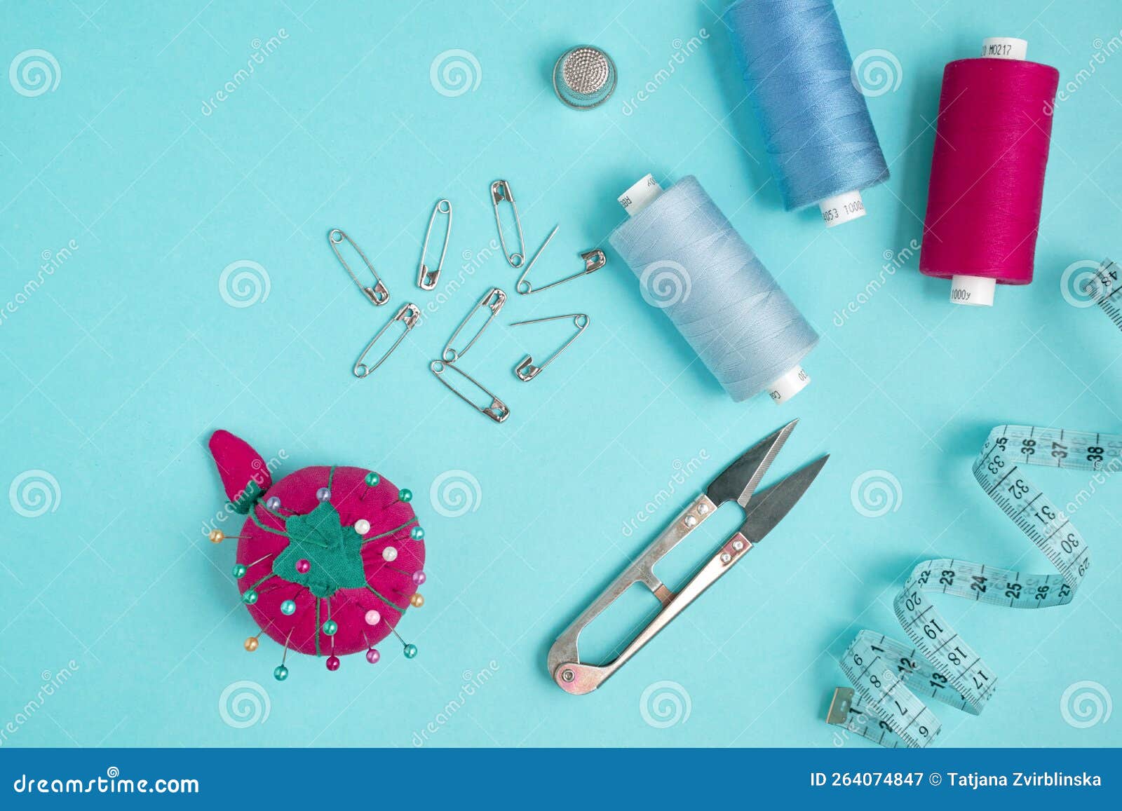 Sewing Accessories Measuring Tape, Pins, Scissors and Thread Stock