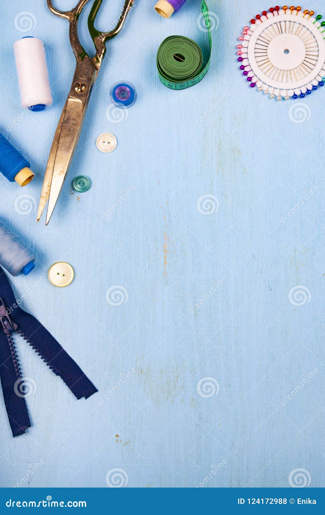 Sewing Accessories on a Blue Background Stock Photo - Image of cotton ...