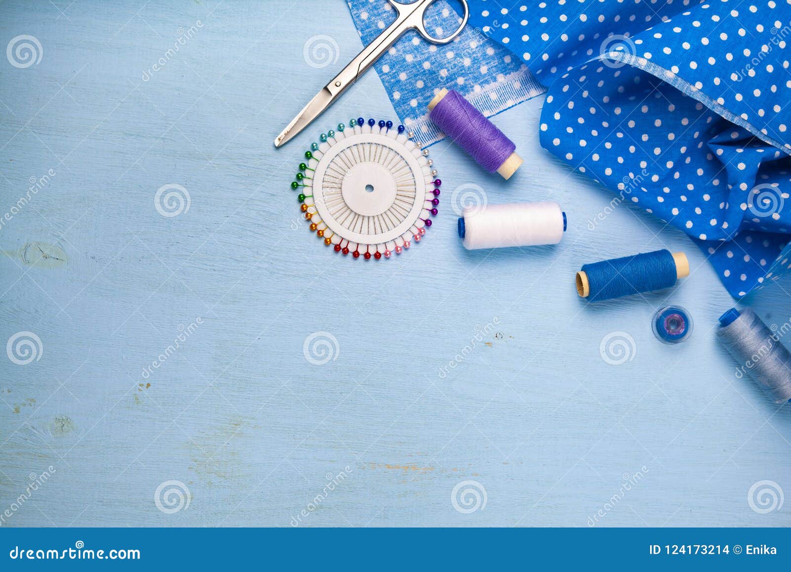 Sewing Accessories on a Blue Background Stock Photo - Image of ...