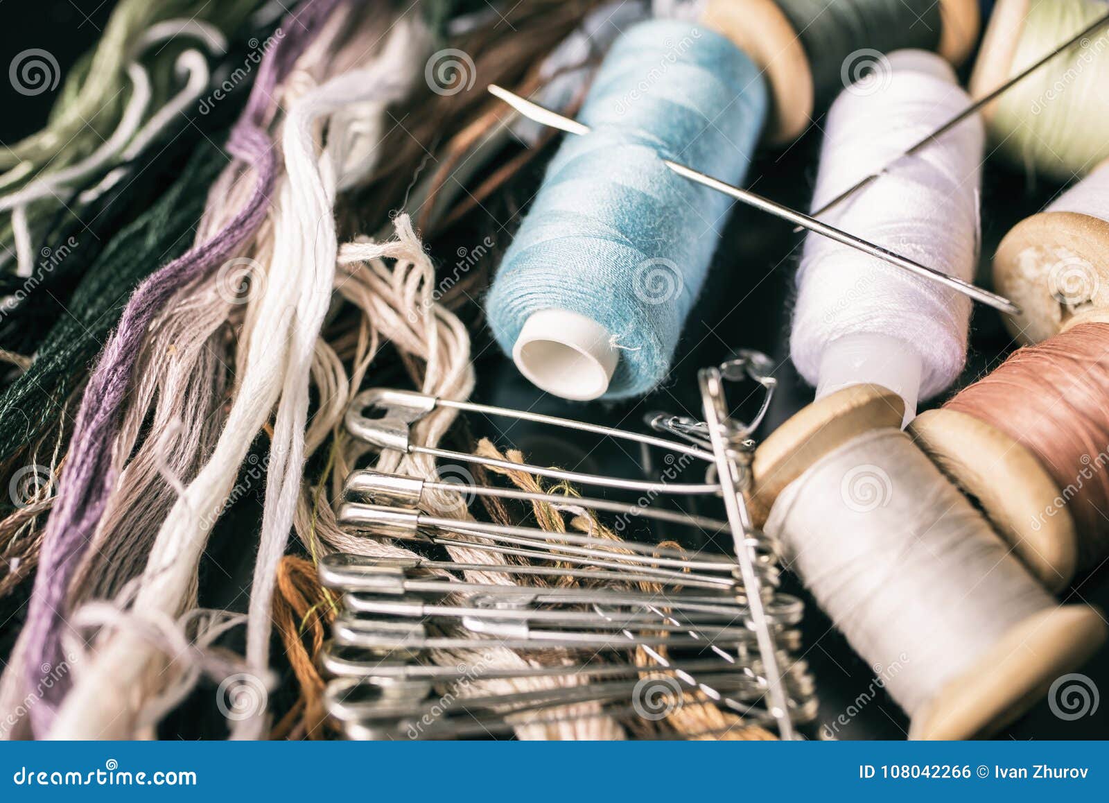 Sewing Accessories: Threads, Yarn, Needles, Pins. Stock Photo - Image ...