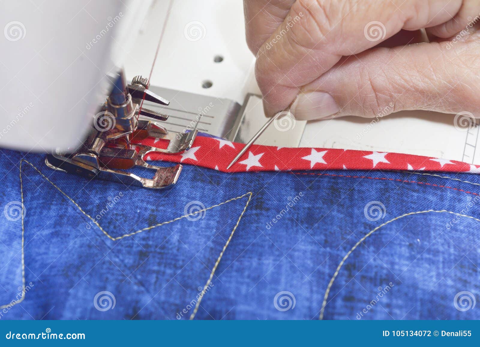 Sewing on binding. stock photo. Image of hand, quilt 105134072