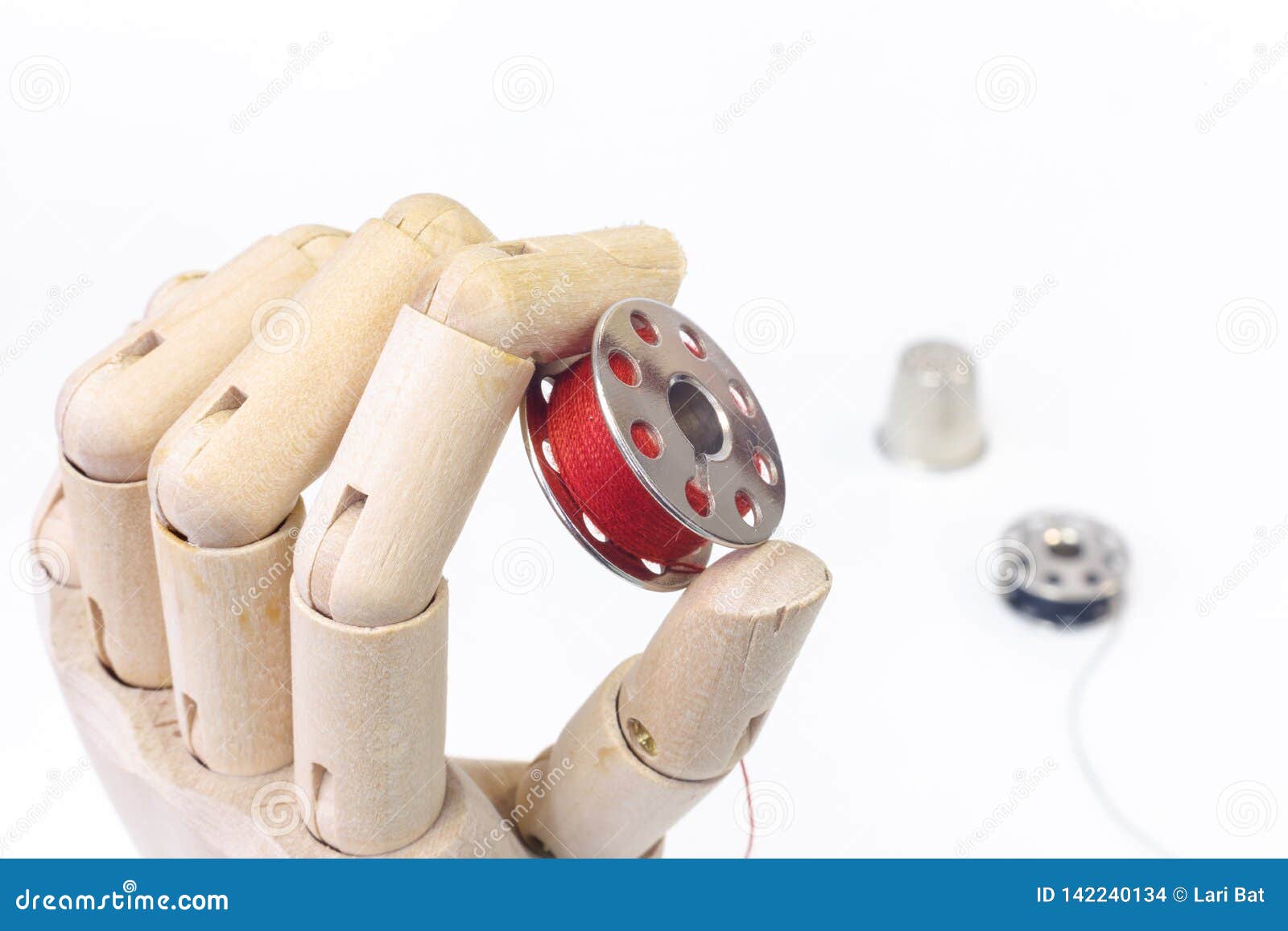 Sewing Bobbin in Wooden Hand Stock Photo Image of embroidery, industry 142240134