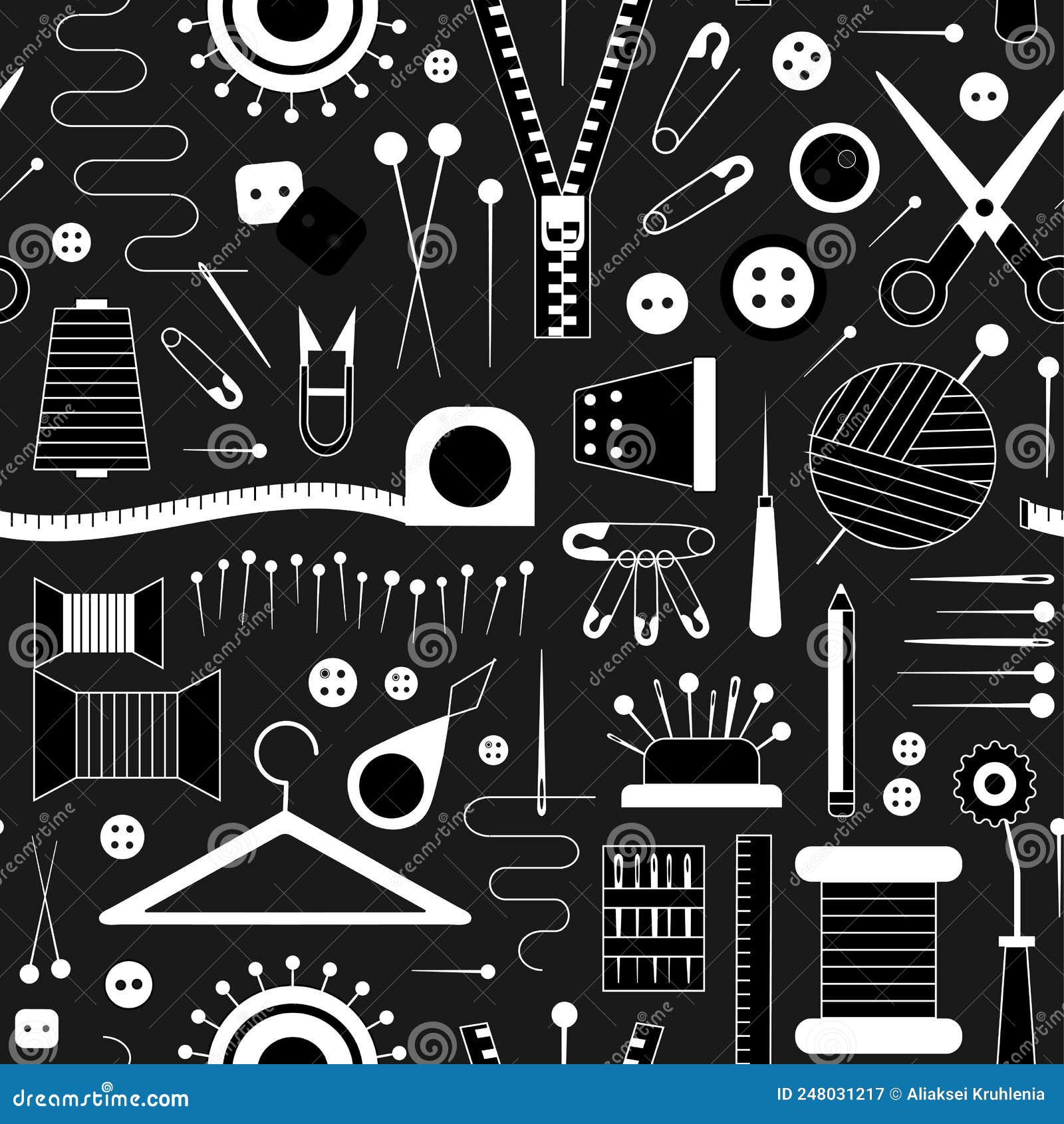 Sewing Hobby Tools and Supplies Outline Pattern Stock Vector