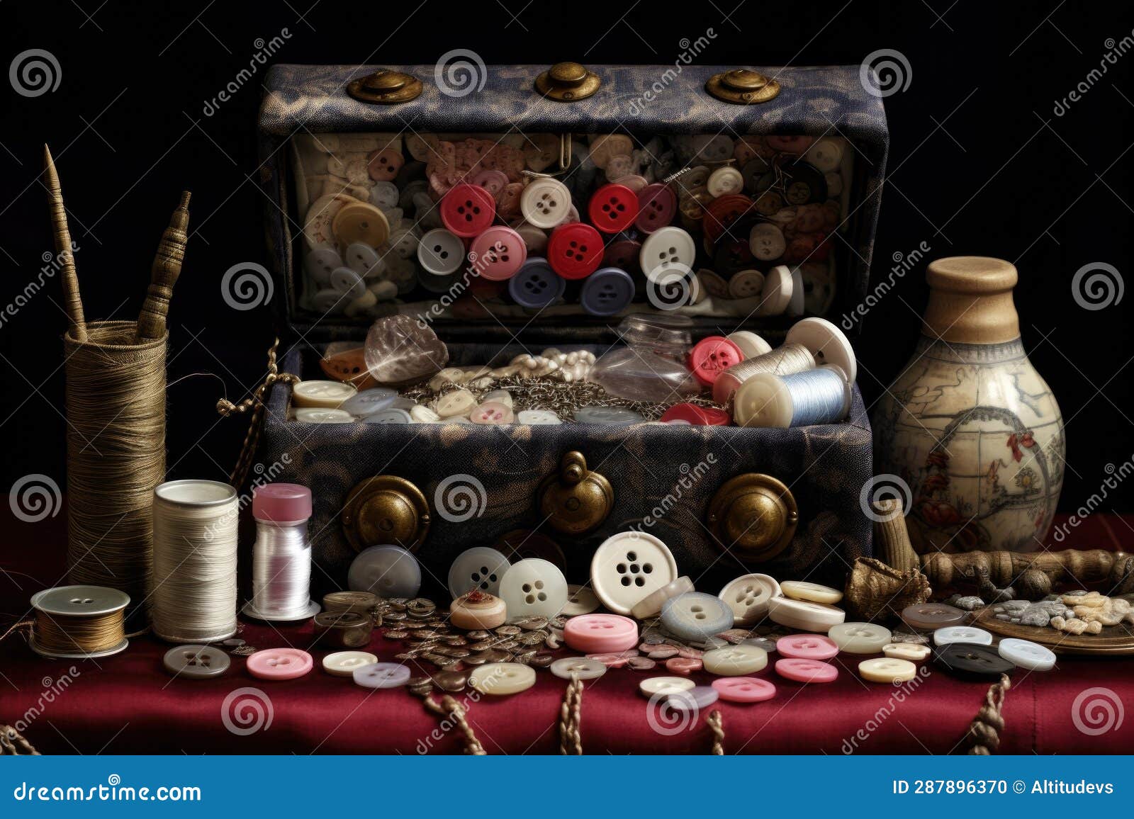 Sewing Kit with Buttons, Needles, and Thread Spools Stock Photo Image of handmade, needlework