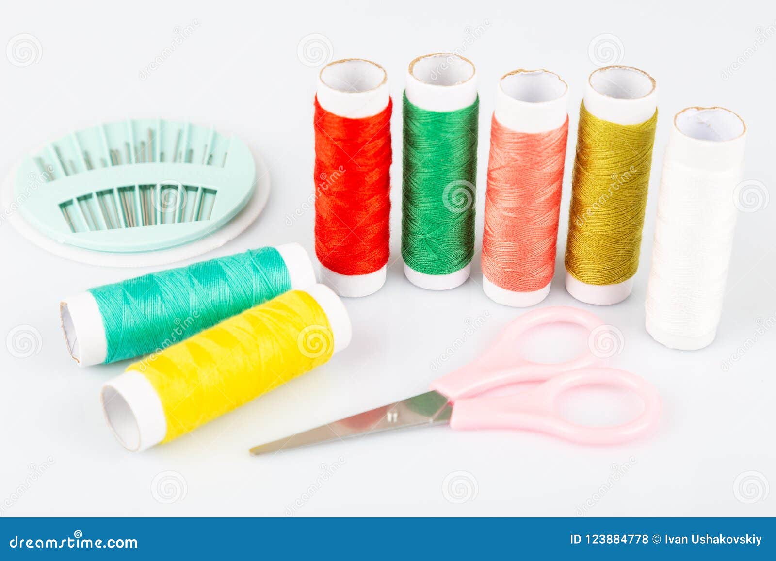Sewing Kit with Colorful Spools of Threads and Instruments Stock Photo ...