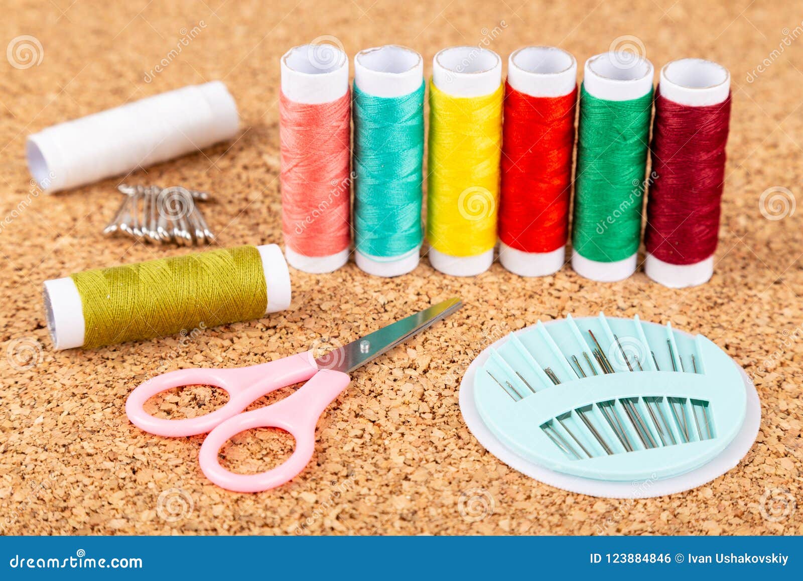 Sewing Kit with Colorful Spools of Threads and Instruments Stock Photo ...