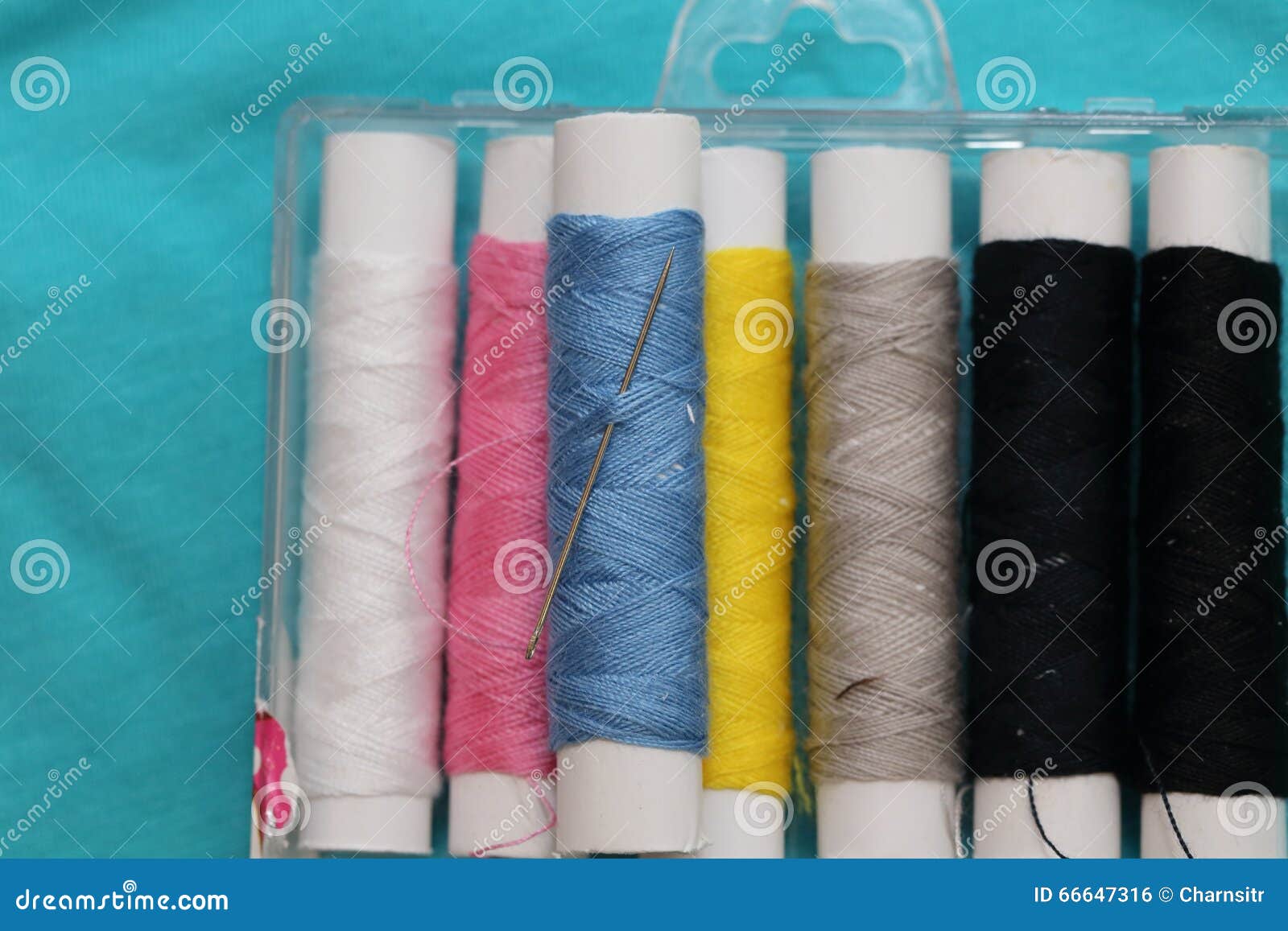 Sewing kit on the fabric stock photo. Image of colored 66647316