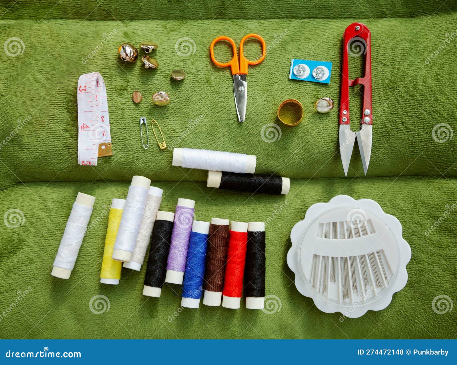 Sewing Kit Flat Lay Including Spools of Thread, Scissors, Measuring ...