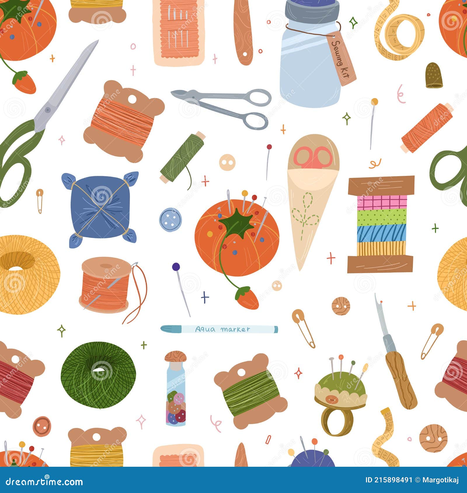 Sewing Kit Seamless Pattern. Various Sewing Tools Stock Vector