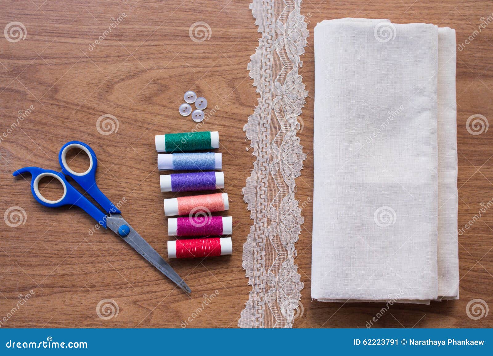 Sewing kit on wooden stock image. Image of leisure, table 62223791