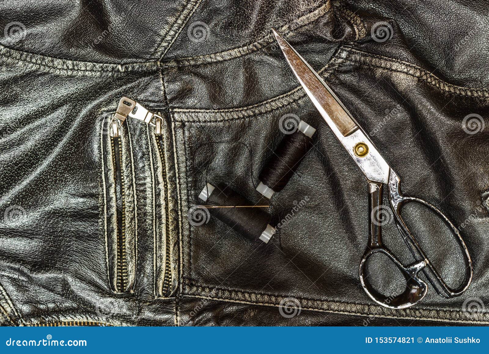 Sewing Leather Jacket, Repair of Leather Jacket Scissors, Thread, Close