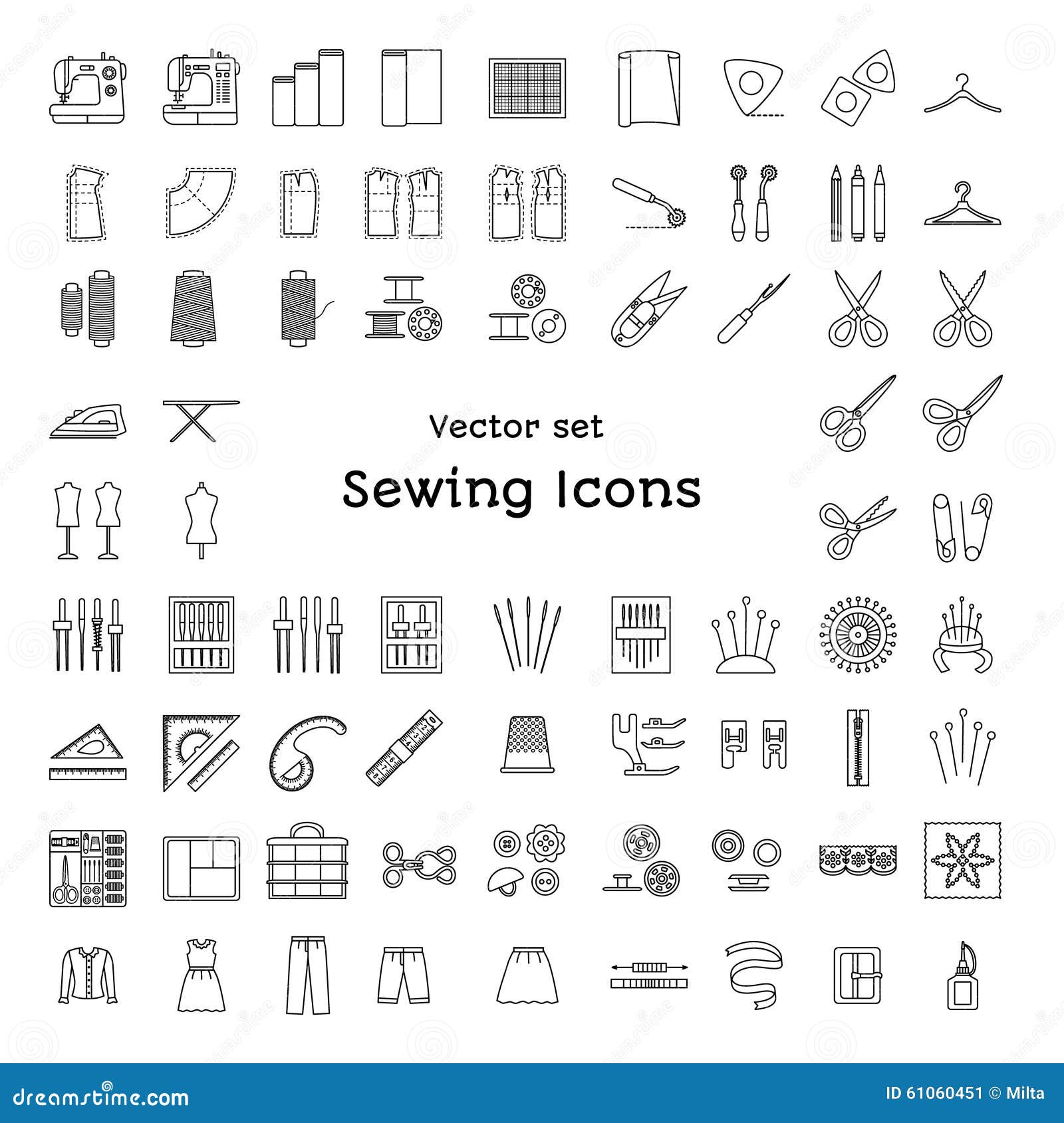 Sewing Equipment Tailor Supplies Flat Line Icons Set Needlework