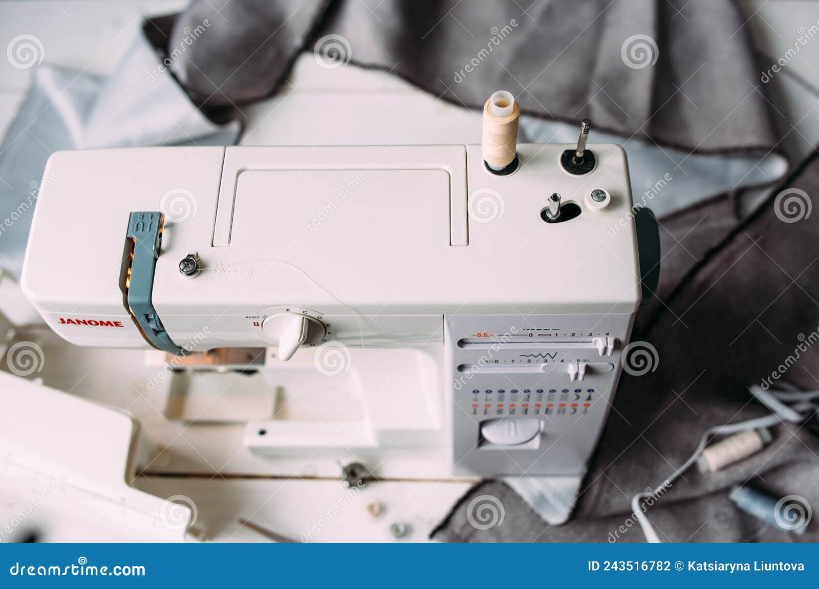 Sewing Machine, Accessories and Fabric. Cozy Creative Sewing Process at