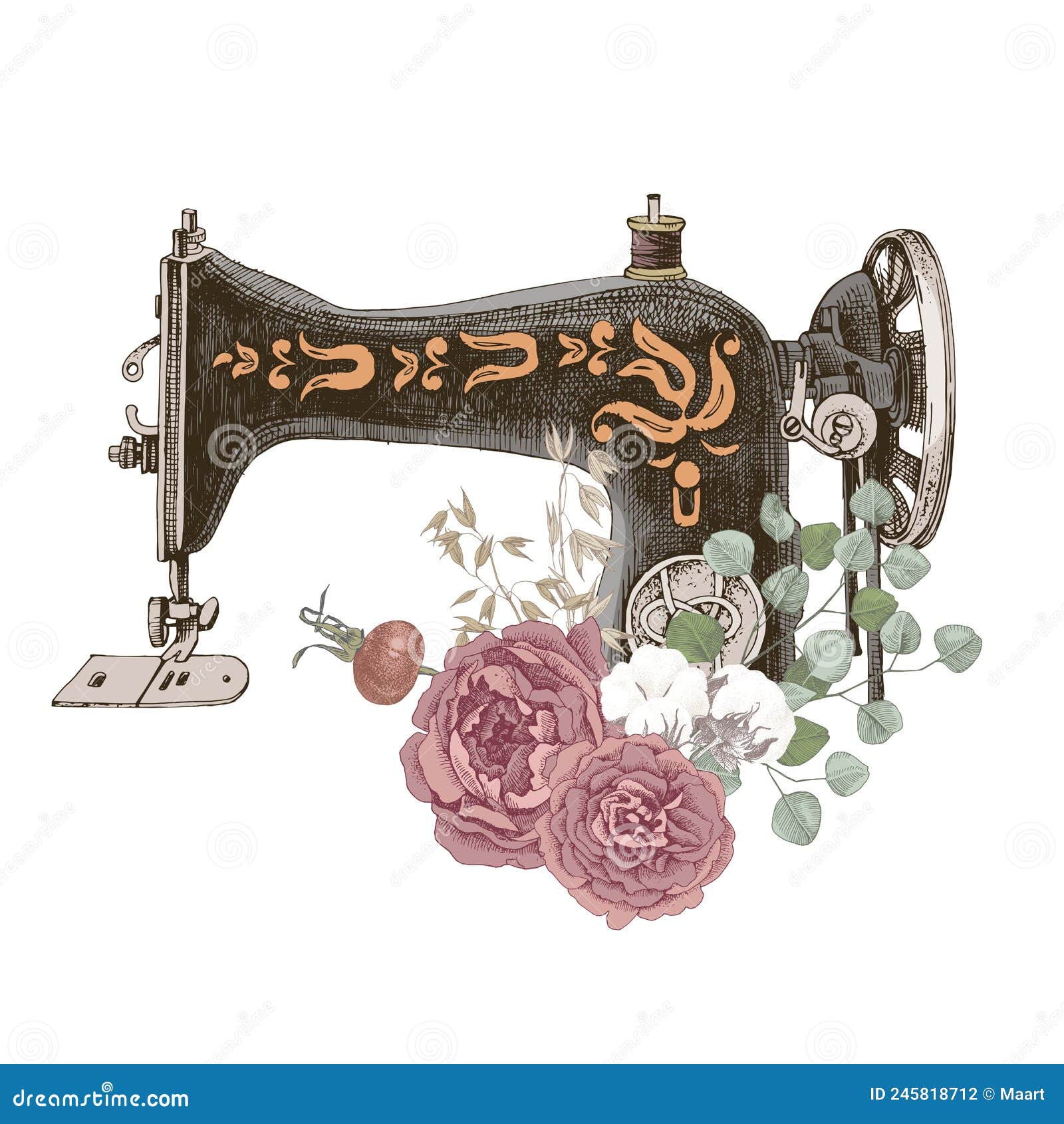 Sewing Machine with Arrangement of Dried Flowers Stock Vector
