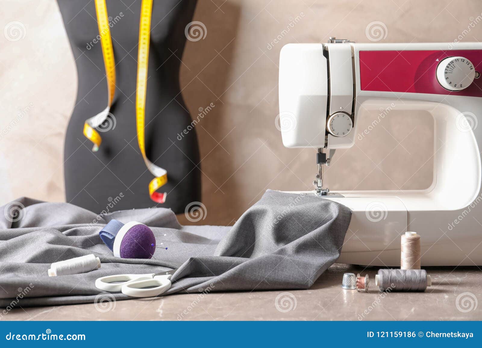 Sewing Machine, Fabric and Accessories for Tailoring Stock Photo