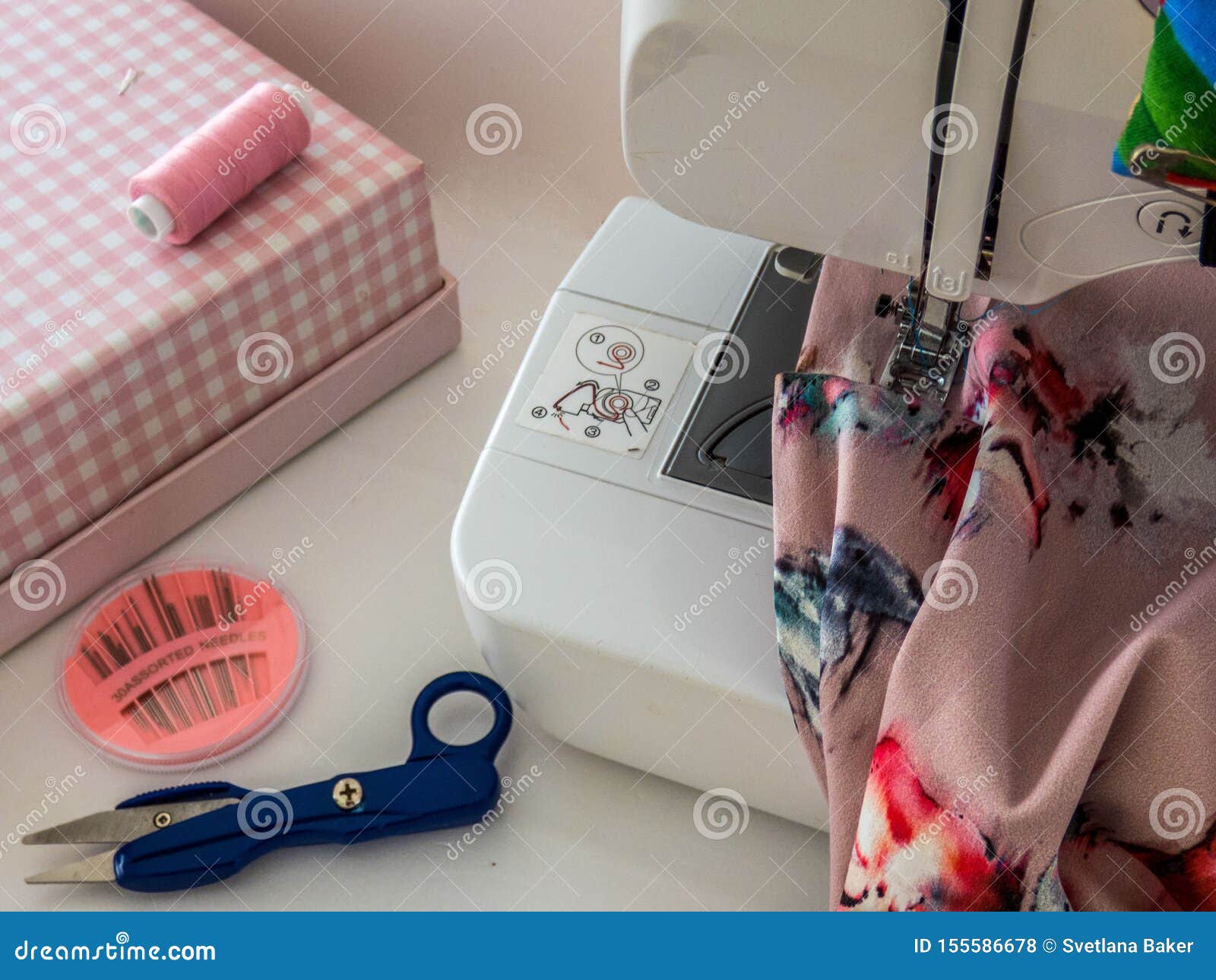 Sewing Machine, Fabric Cotton and Threads for Sewing.Close Up Stock