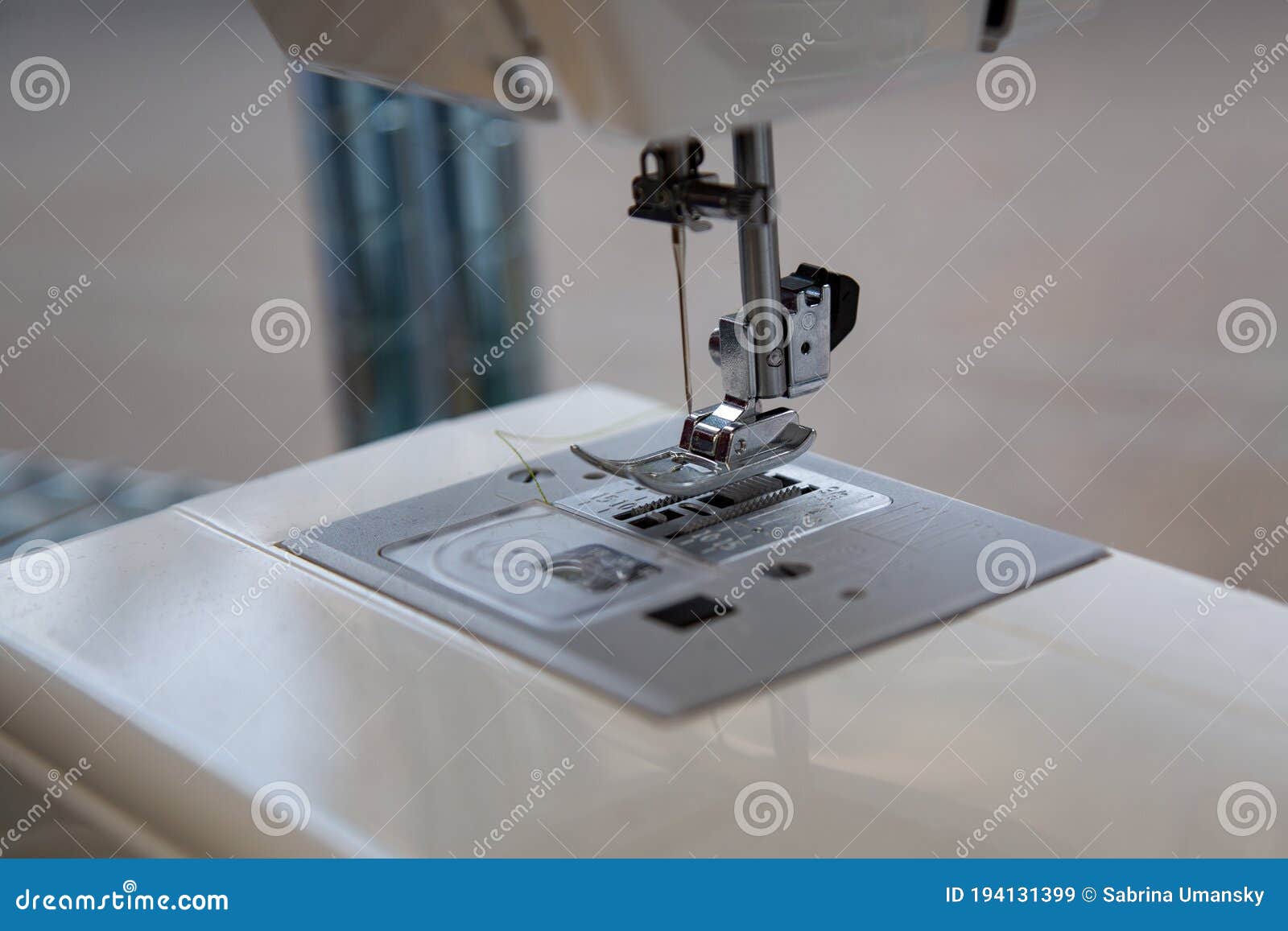 Sewing Machine with Fabric and Thread, Closeup Stock Image Image of