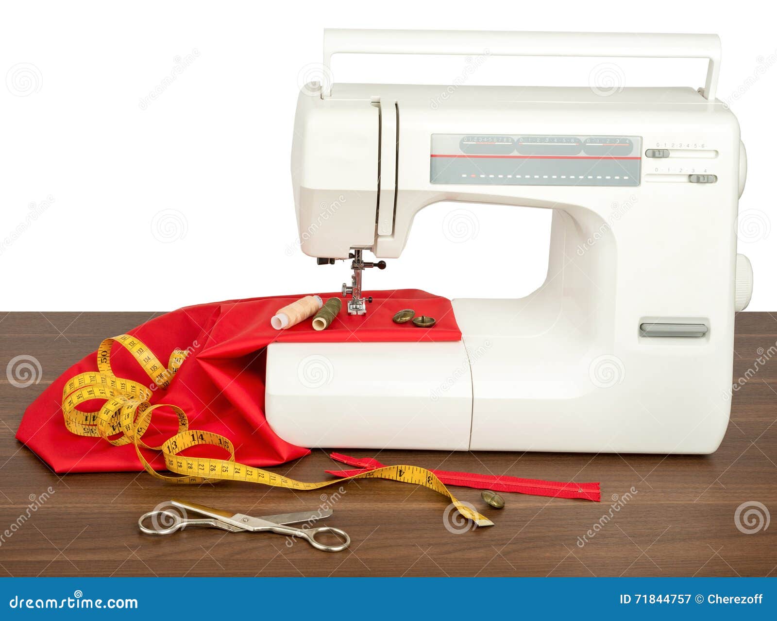 Sewing Machine with Fabric, Threads and Scissors Stock Image Image of