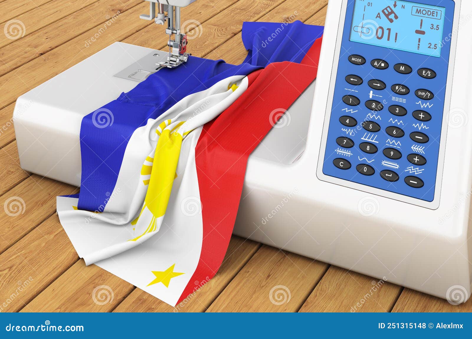 Sewing Machine with Filipino Flag on the Wooden Table. 3D Rendering