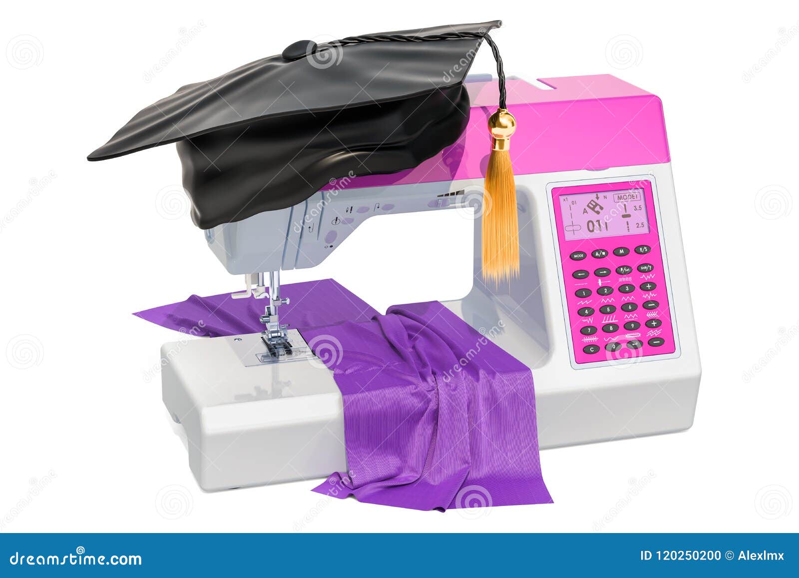 Sewing Machine with Graduation Cap. Sewing Courses Concept, 3D R Stock