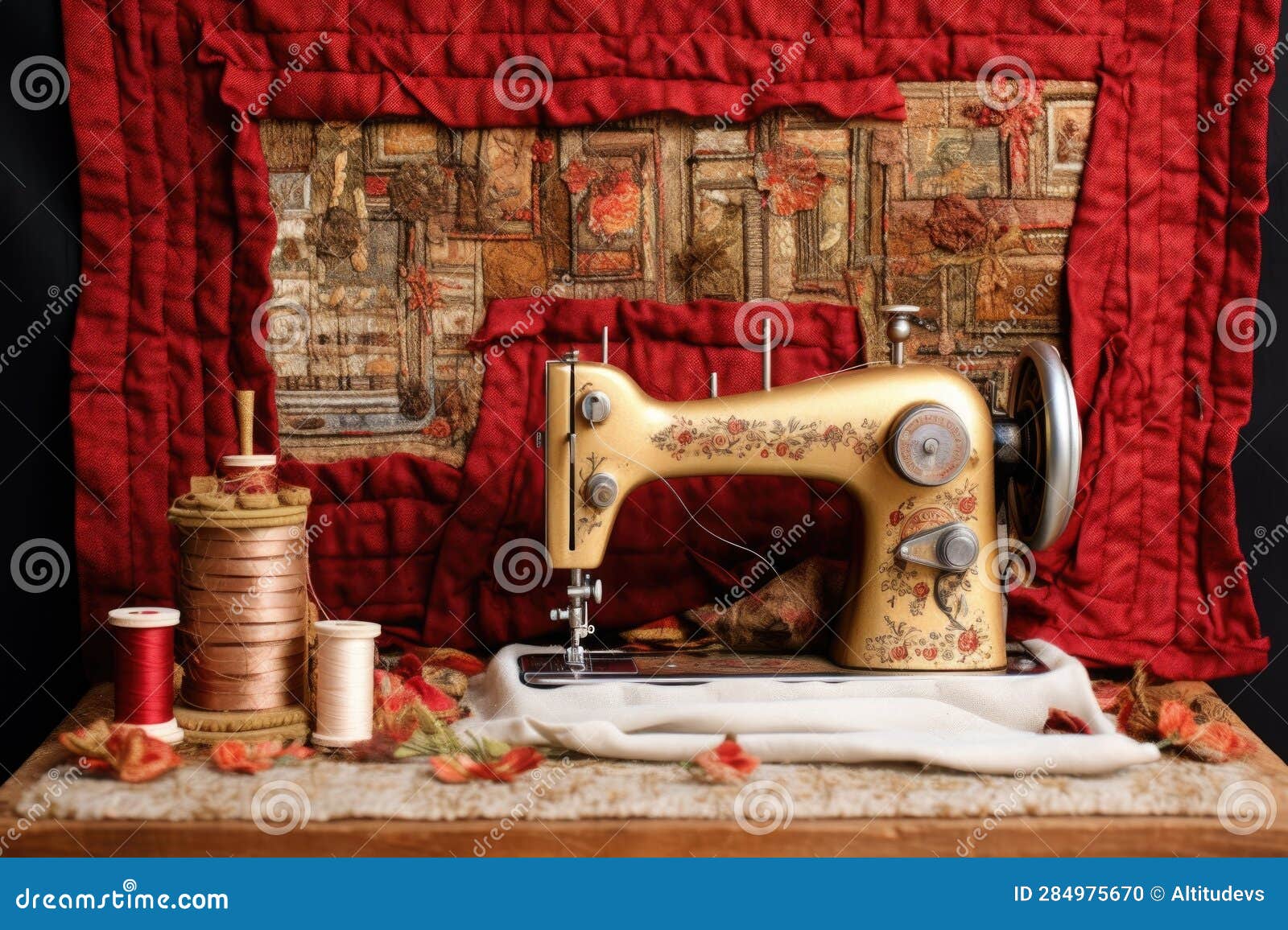 Sewing Machine with Intricate Embroidery Work in Progress Stock