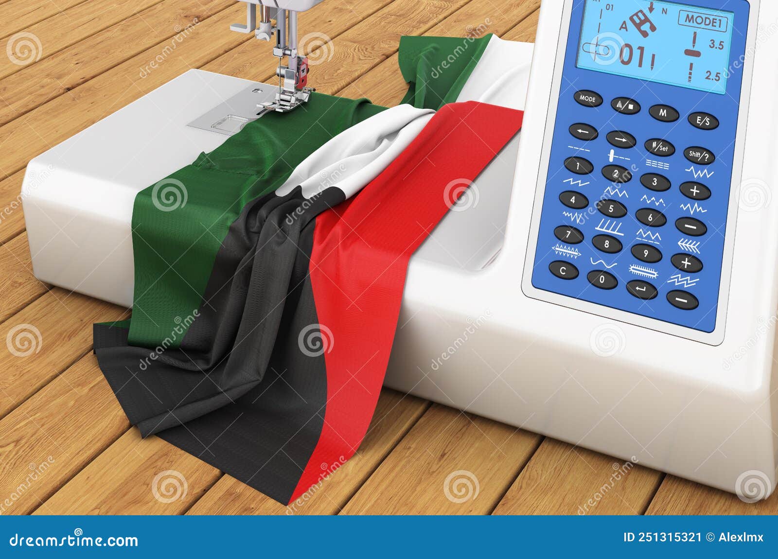 Sewing Machine with Kuwaiti Flag on the Wooden Table. 3D Rendering