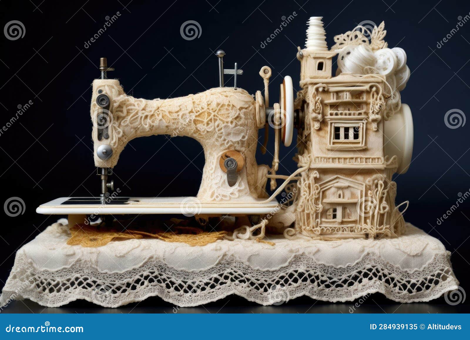Sewing Machine with Lace Trimmings and Buttons Stock Illustration