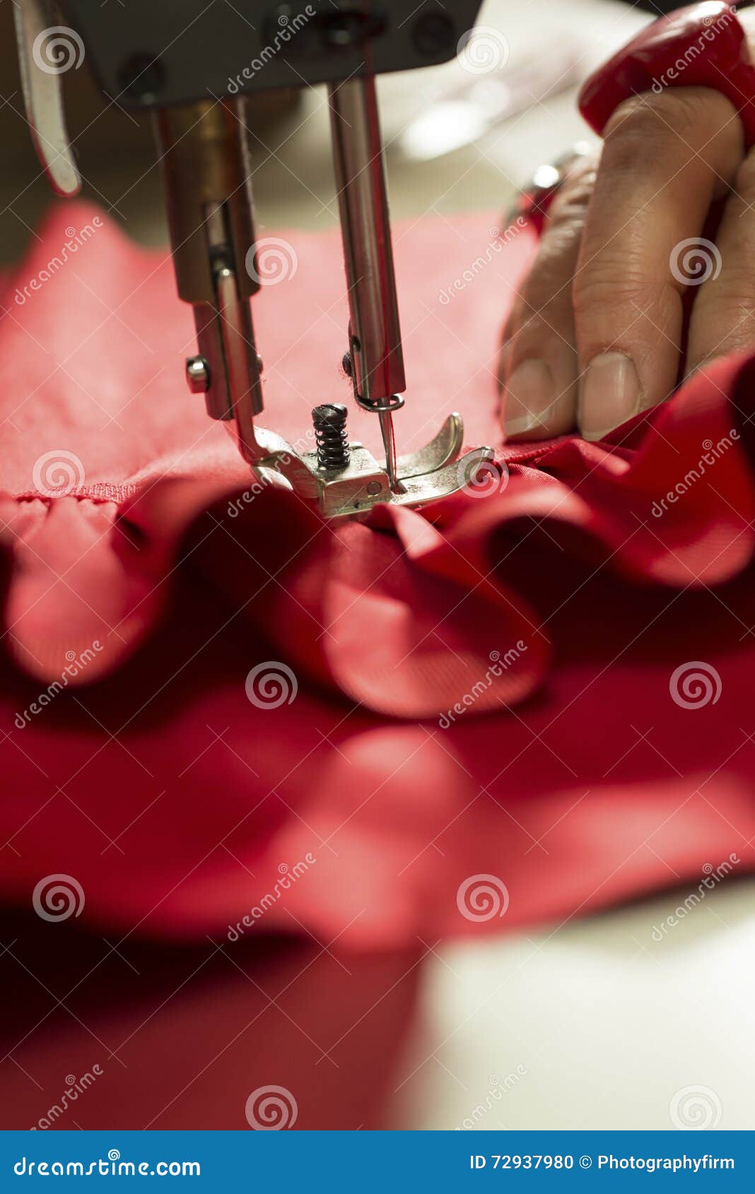 Sewing Machine Needle Piercing through Red Fabric Stock Photo Image