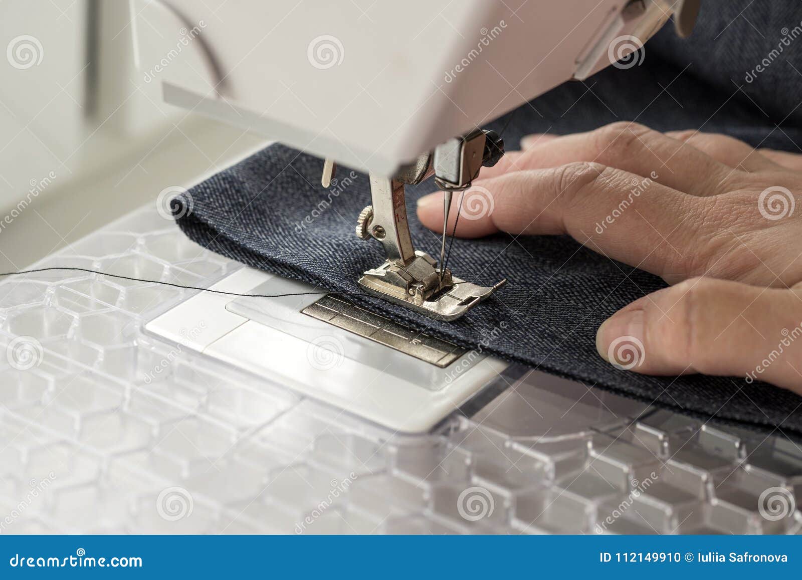 Sewing Machine Sews Denim Fabric Stock Photo Image of blue, indigo