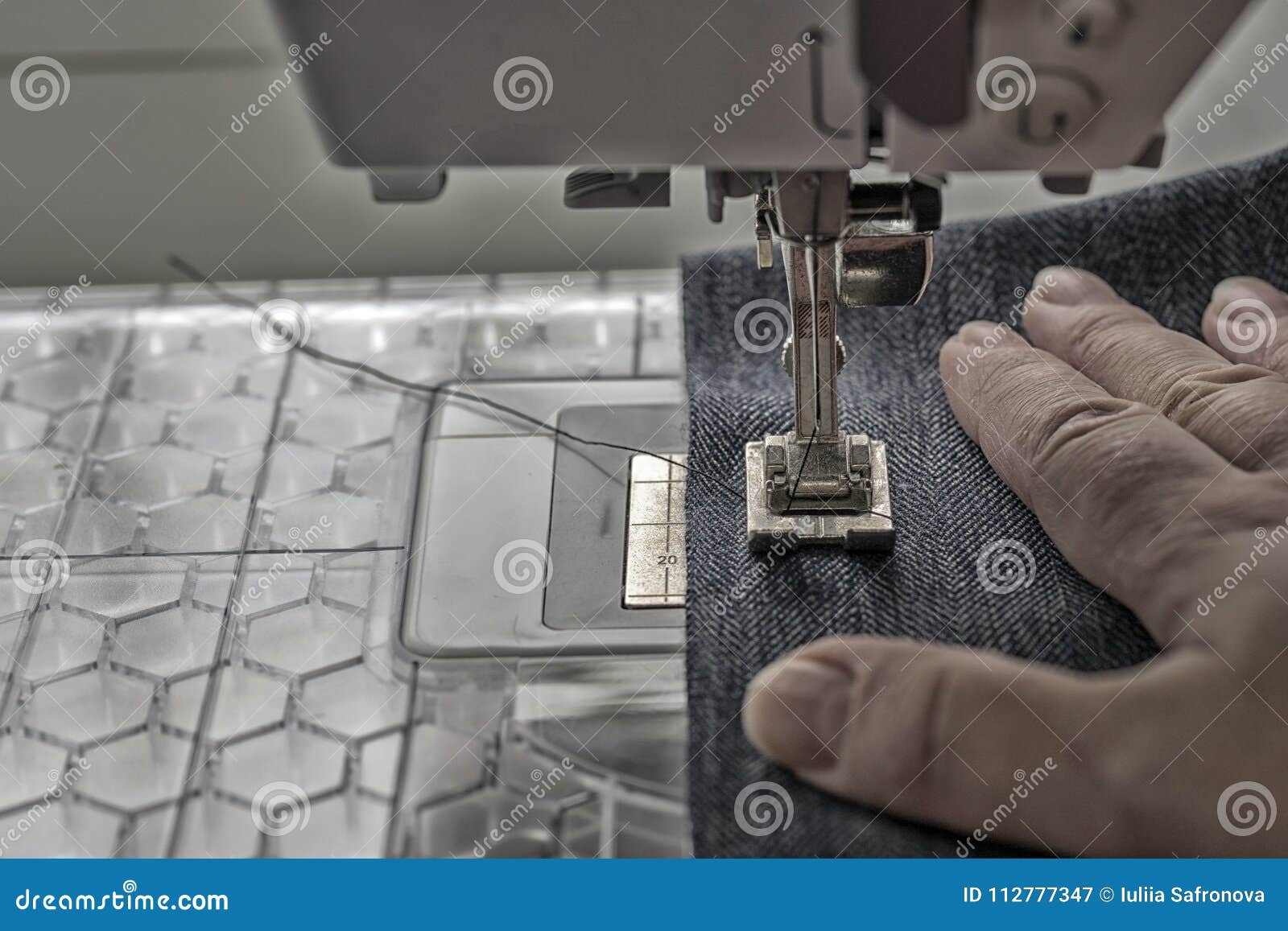 Sewing Machine Sews Denim Fabric Stock Image - Image of hobby