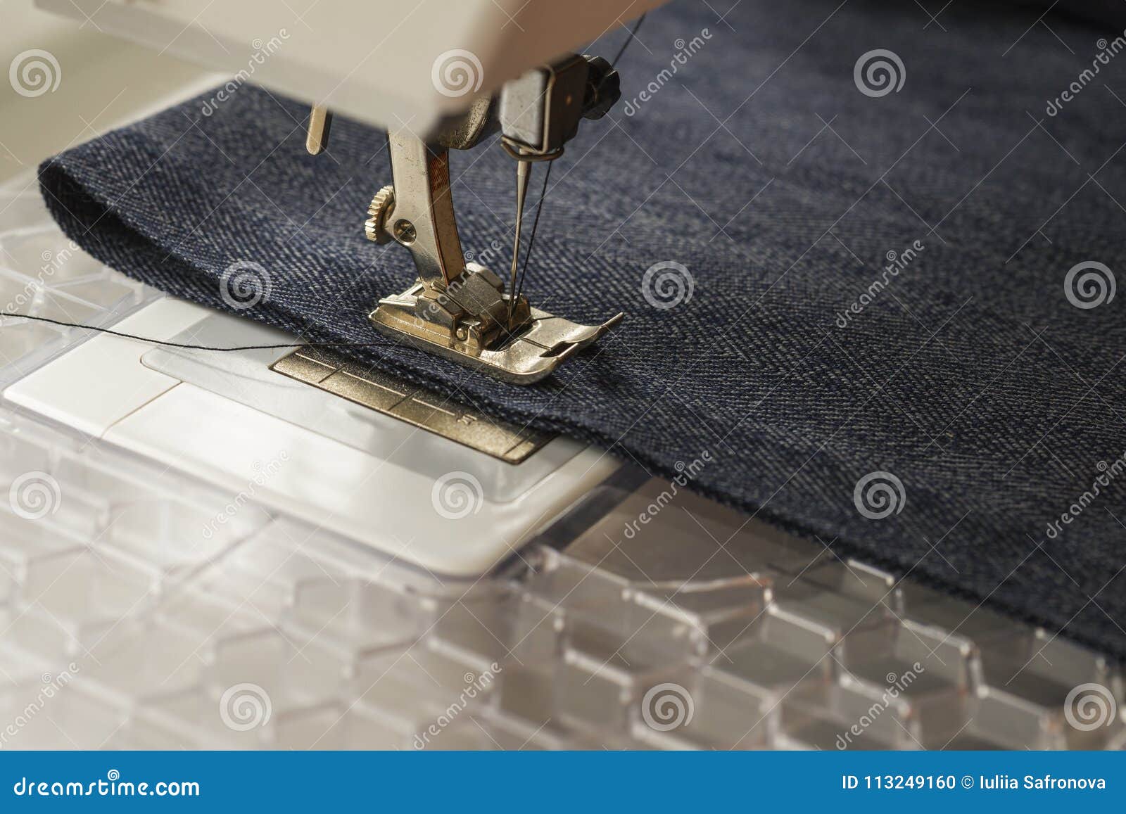 Sewing Machine Sews Denim Fabric Stock Photo Image of fibers, jeans