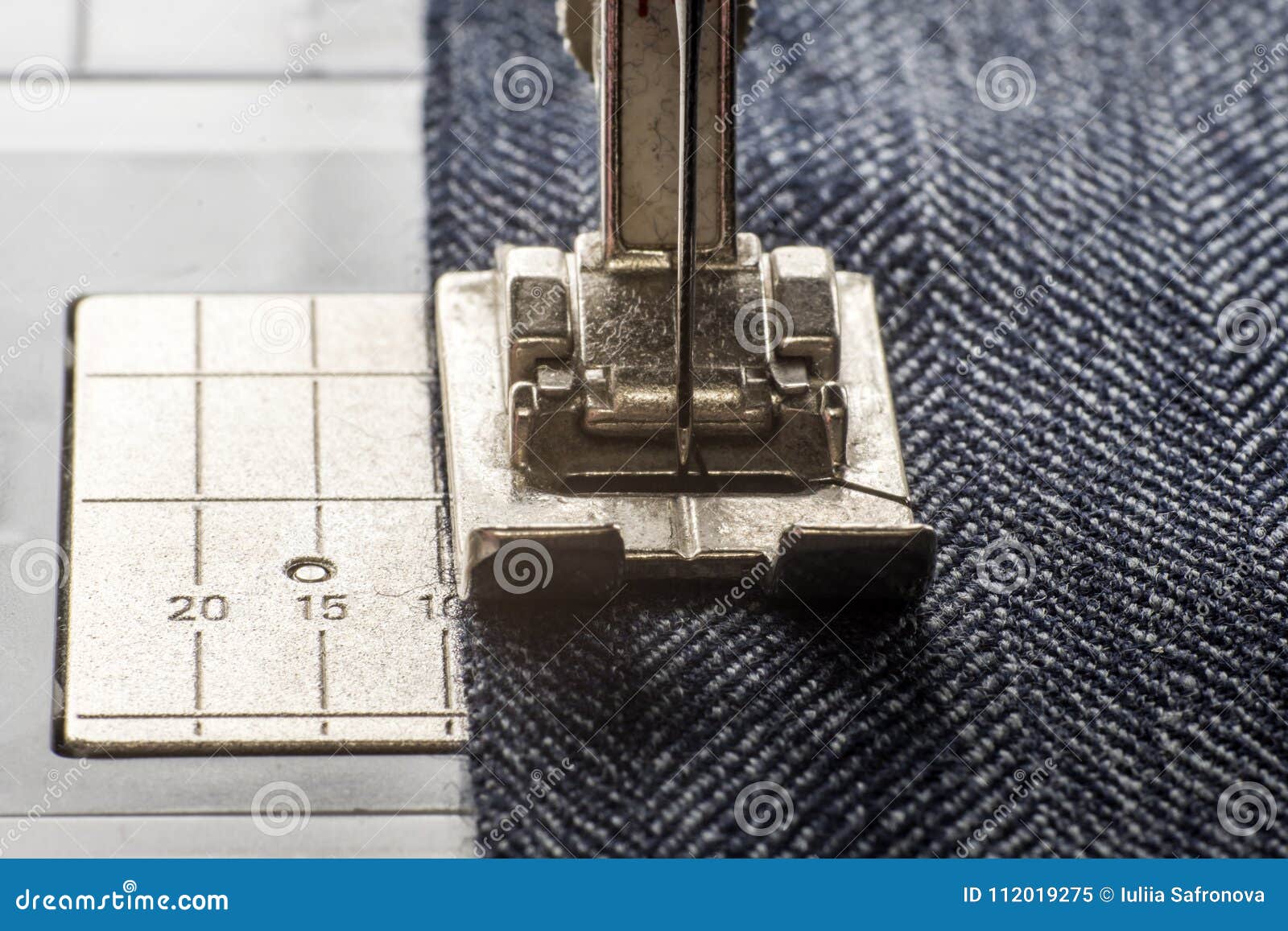 Sewing Machine Sews Denim Fabric Stock Image Image of textile, hobby