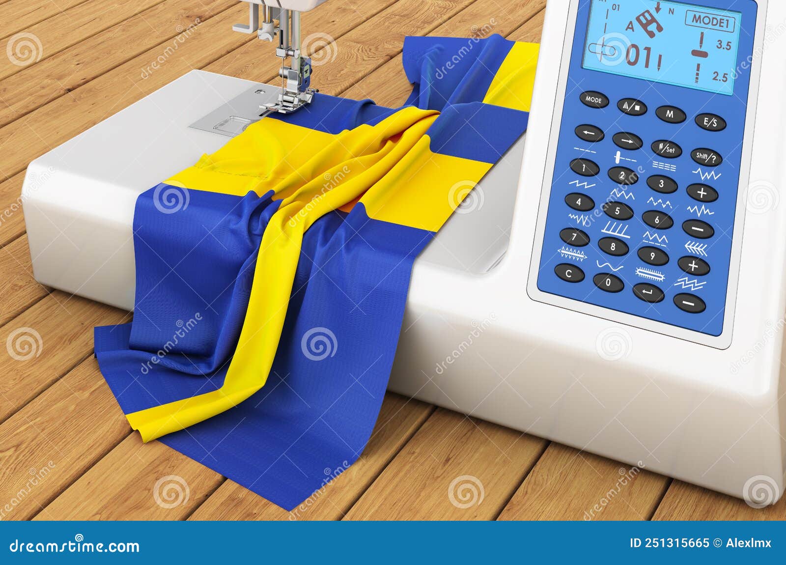 Sewing Machine with Swedish Flag on the Wooden Table. 3D Rendering