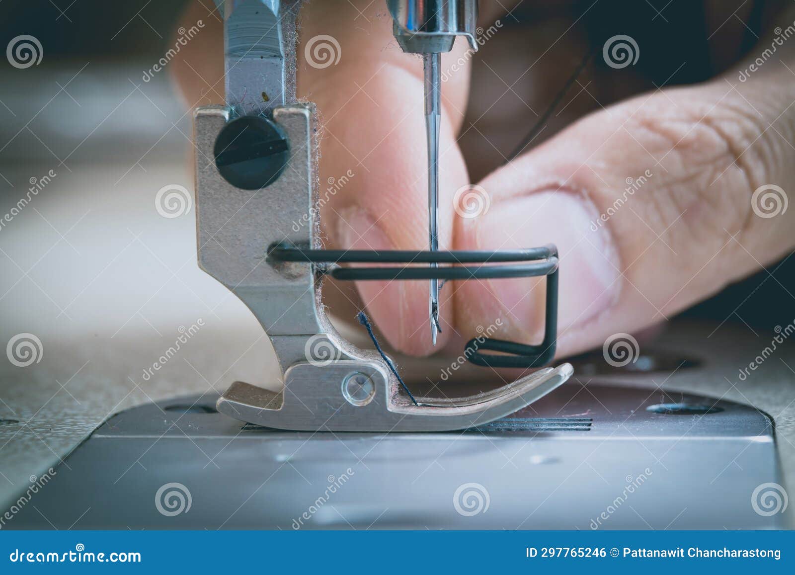 Sewing Machine and Thread Rolling. Man Hand Work Needles Thread Stock