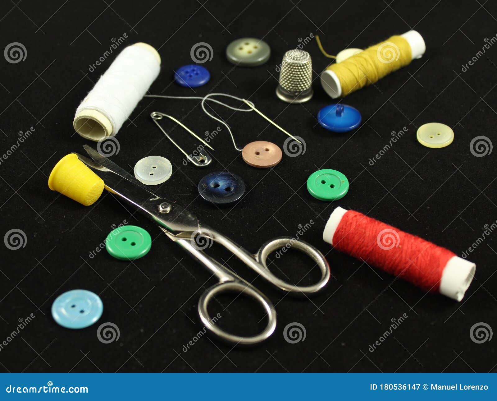 sewing needle thread scissors thimble tailor buttons