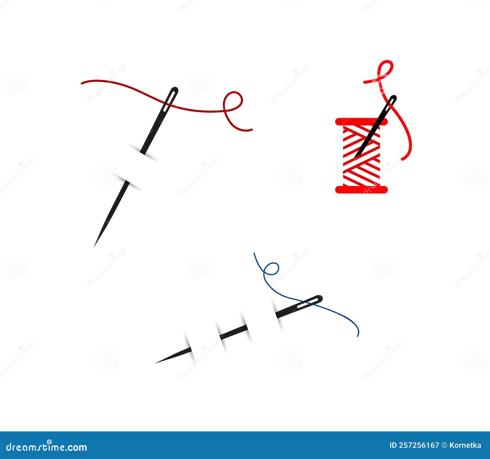 Sewing Needle with Thread and Stitching. Red Spool of Thread Stock