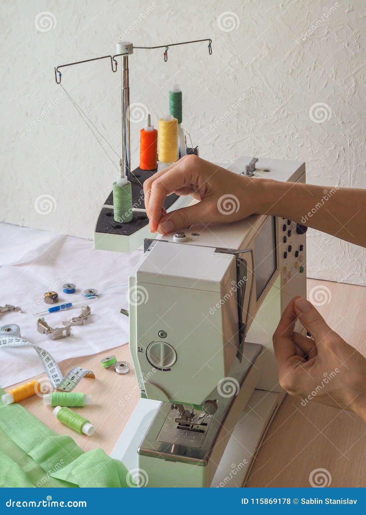 Sewing Process Closeup on the Sewing Machine. Industrial Sewing