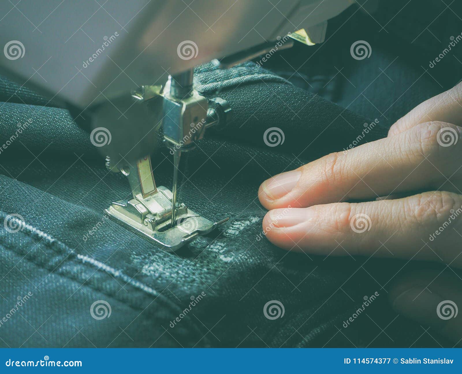Darning Jeans on a Sewing Machine. Stock Image Image of machine