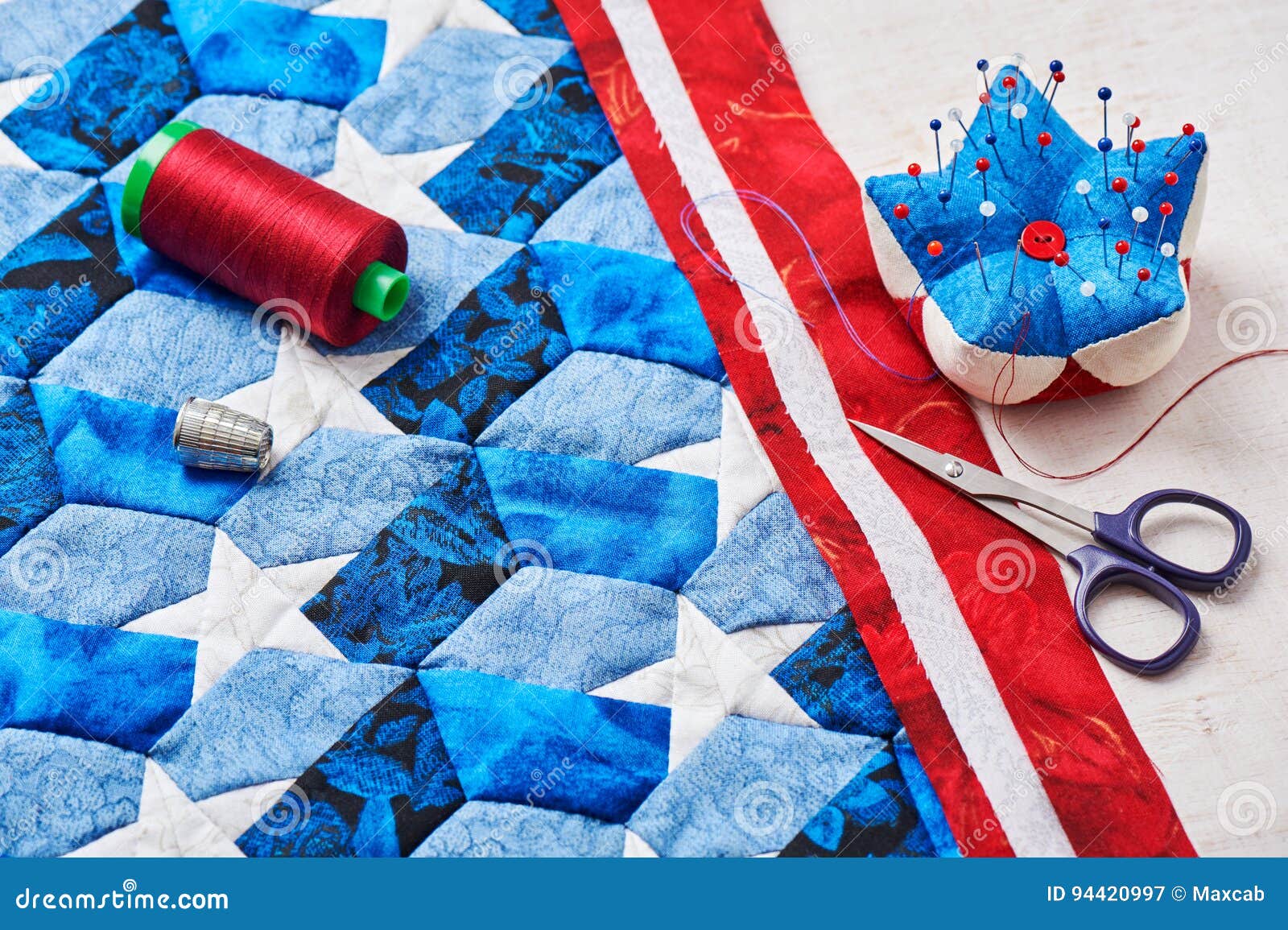 Sewing of Quilt with Stylized Elements of American Flag Stock Image