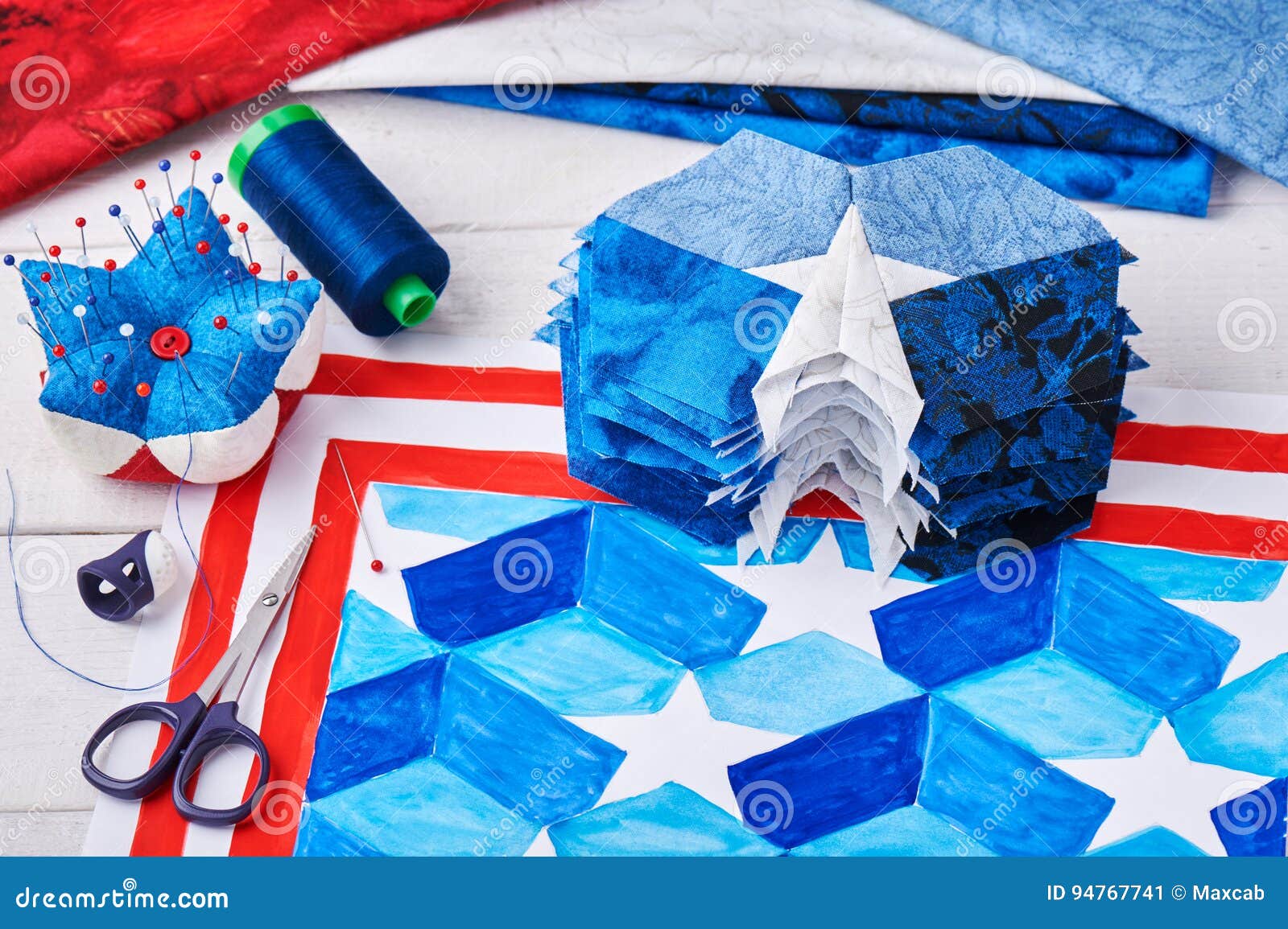 Sewing of Quilt with Stylized Elements of American Flag Stock Image