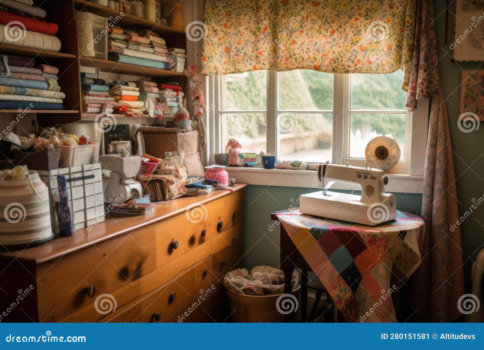 Sewing Room, with Basket of Fabrics and Tools within Reach Stock