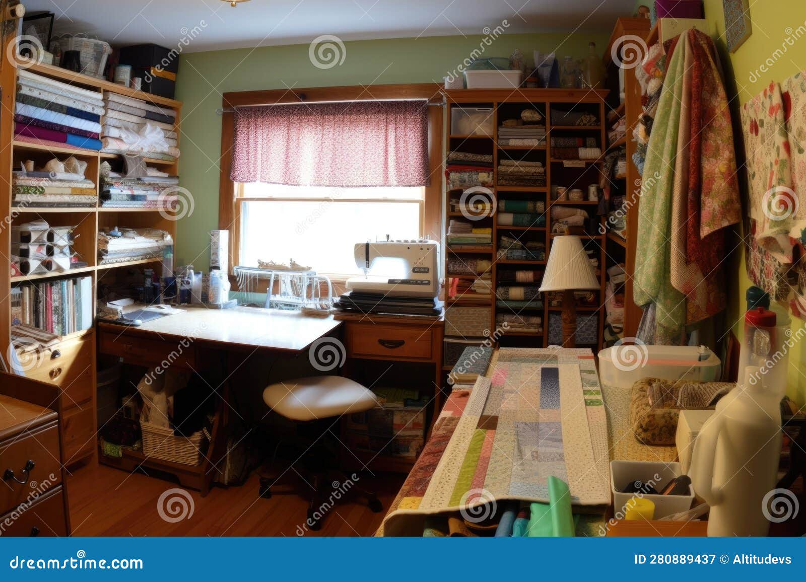 Sewing Room, with Basket of Fabrics and Tools within Reach Stock Image